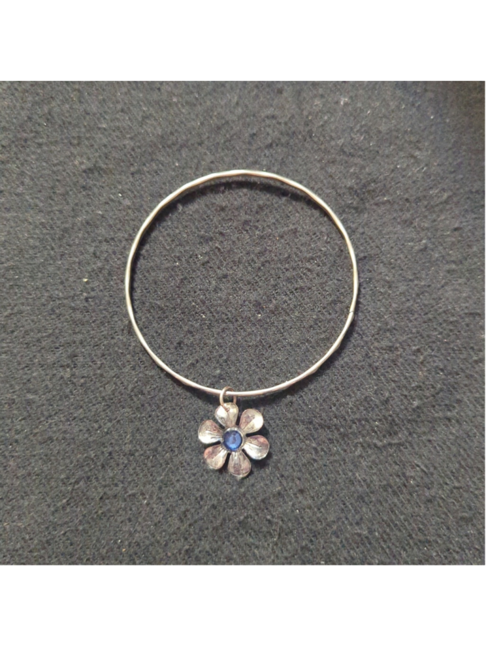 Silver Tone Blue Rhinestone Flower Charm Bangle Statement Bracelet